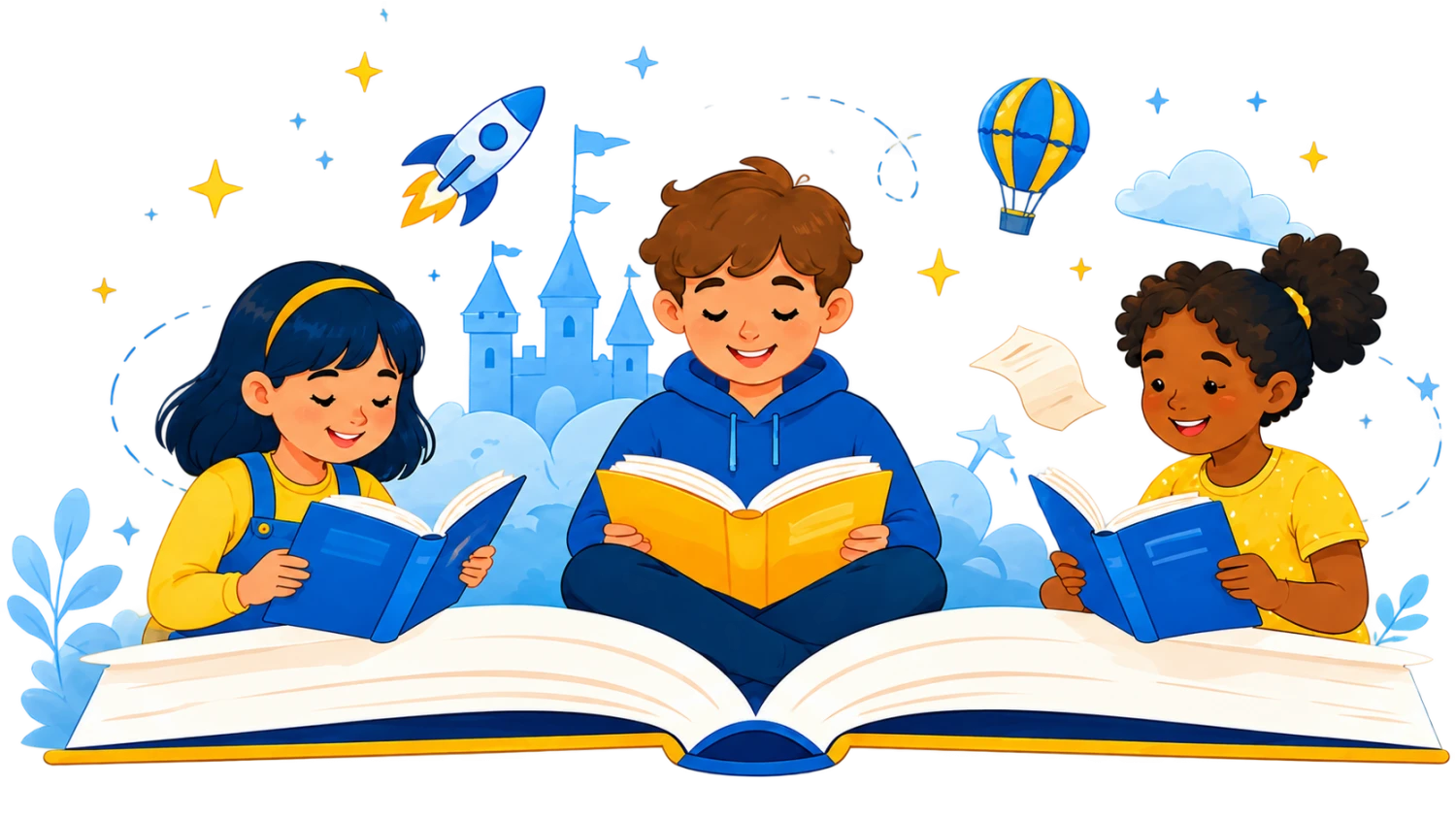 Tres estudiantes disfrutando de la lectura